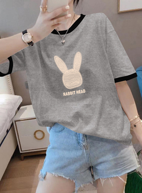 纯棉灰色t恤女夏季短袖2023新款夏季港风甜美可爱设计感上衣ins潮