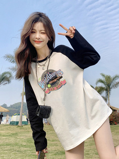 插肩打底衫 宽松秋欧货白色体恤上衣2022新款 t恤女大码 长袖 中长款