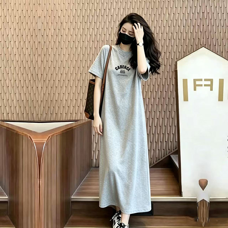 纯棉连衣裙慵懒风休闲短袖T恤裙女夏季设计感小众过膝加长款长裙