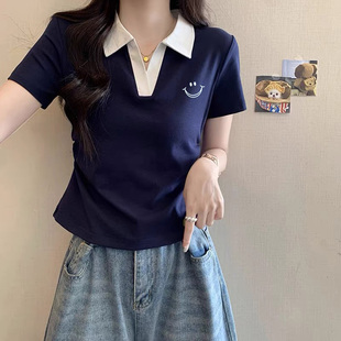 正肩上衣 纯棉藏青色polo领撞色短袖 t恤女夏季 学院风掐腰修身 短款