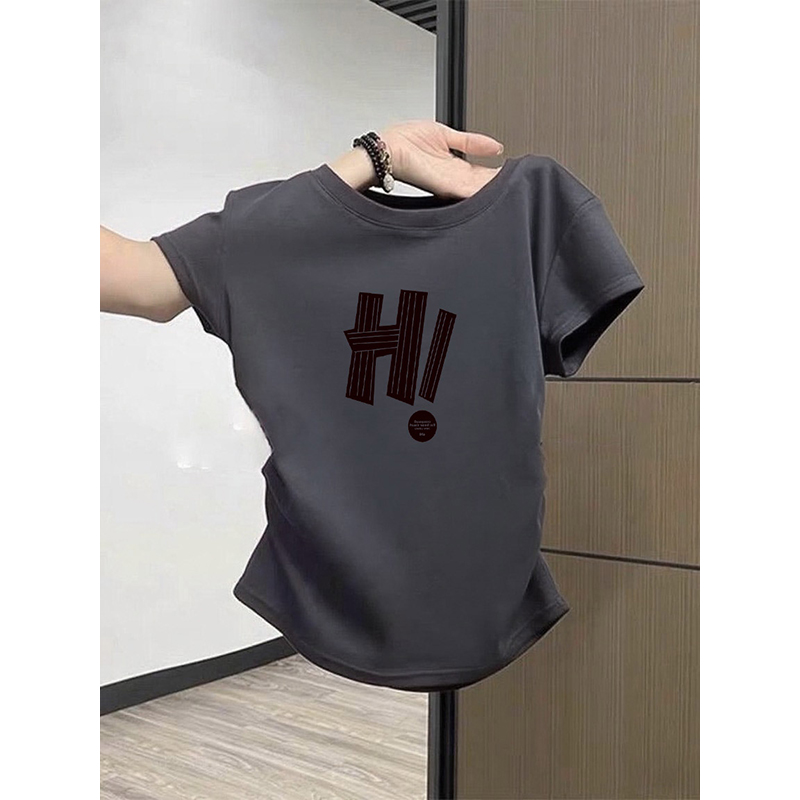 休闲百搭灰色短袖T恤女正肩收腰