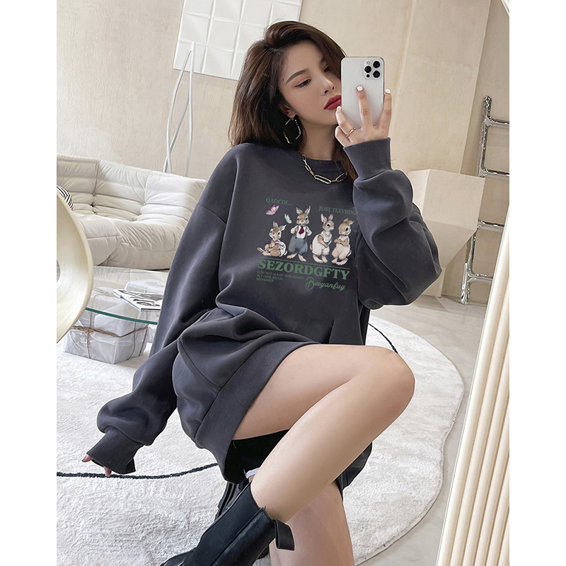 美式复古灰色中长款遮屁股卫衣女