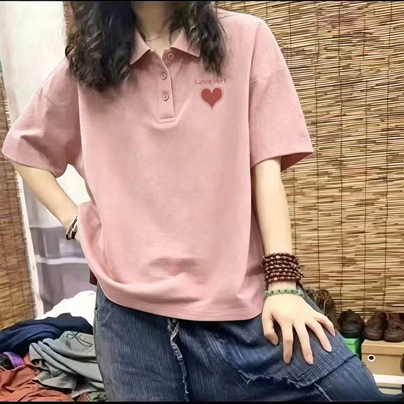 夏日多巴胺藕粉色正肩短袖T恤女设计感小众Polo领上衣宽松打底衫
