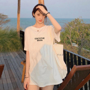 新款 2022纯棉短袖 夏季 韩版 显瘦休闲百搭上衣 t恤女中长款 宽松大码