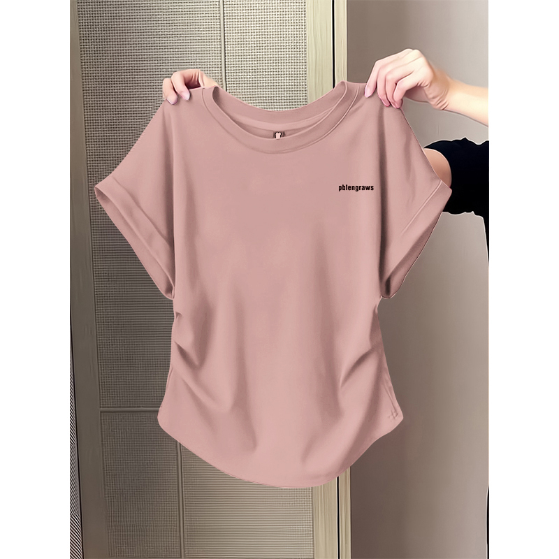 设计感褶皱收腰圆领短袖t恤女夏2024新款短款修身打底衫纯棉上衣