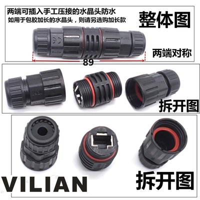 RJ45M20前后装CAT6A直通网路线接口CAT5E数据讯号防水母座网路接