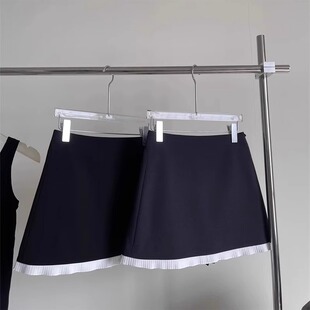 深灰色西装面料小个子a字短裙新款高腰百褶边时髦半身裙女夏大码