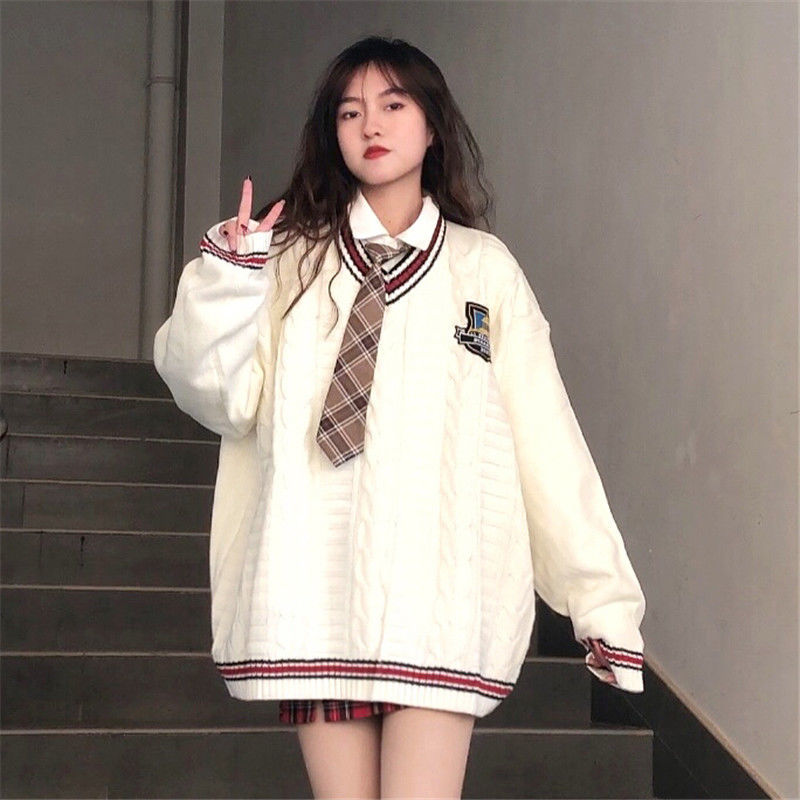 春季新款学院风V领徽章毛衣女学生韩版宽松百搭针织衫潮单件套装