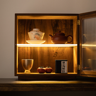 茶台桌面收纳柜杯子茶具茶叶防尘实木带灯储物柜高档胡桃木小柜子
