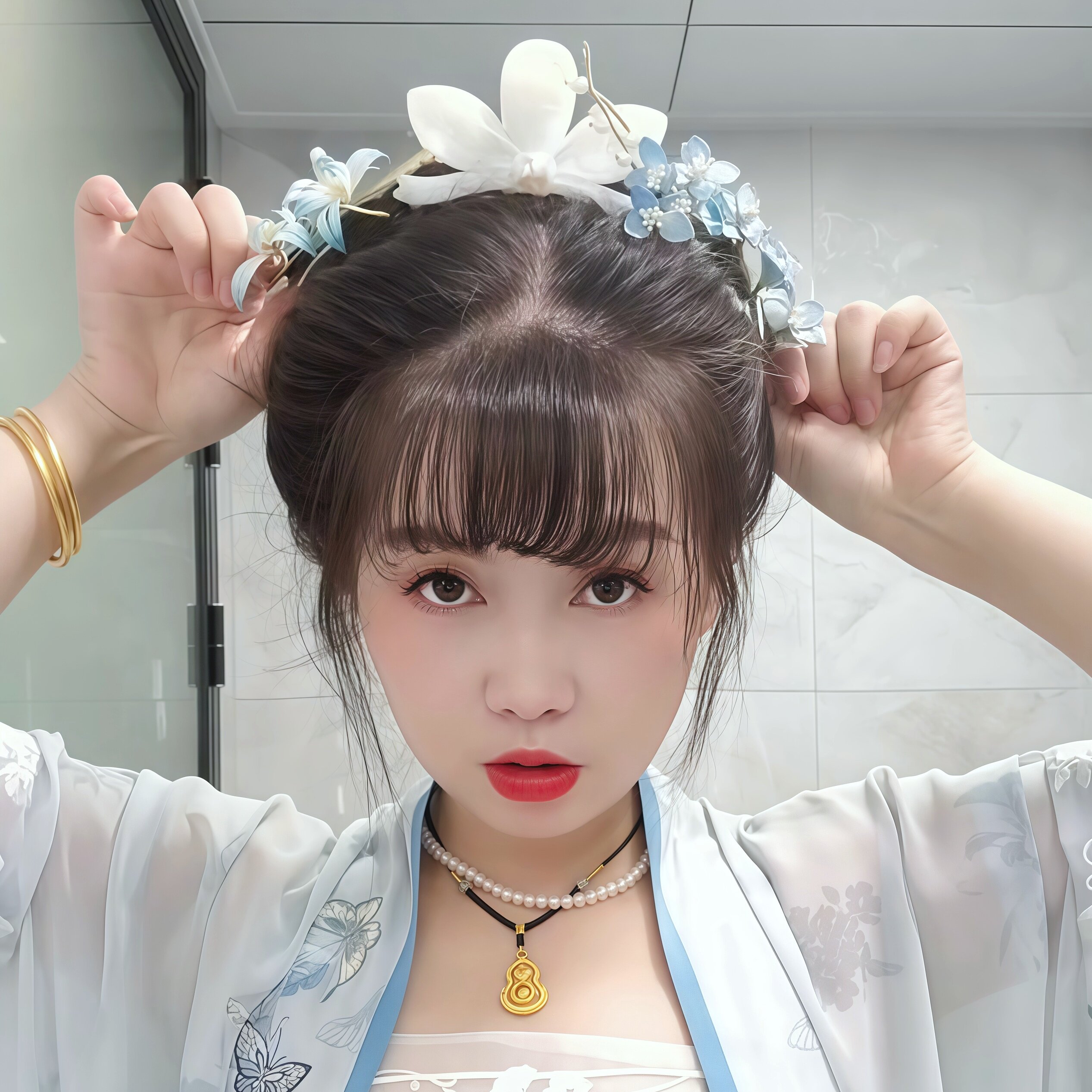 玉兰花宋冠抓夹复古油画感珍珠盘发鲨鱼夹博物馆文创古风汉服发饰