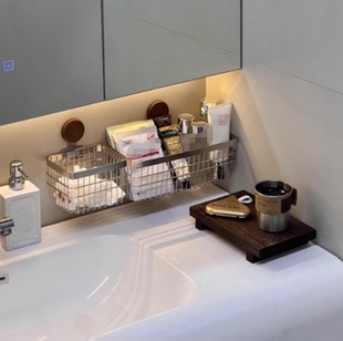 浴室收纳筐沥水架免打孔不锈钢壁挂式洗漱台置物架化妆品牙刷杯架