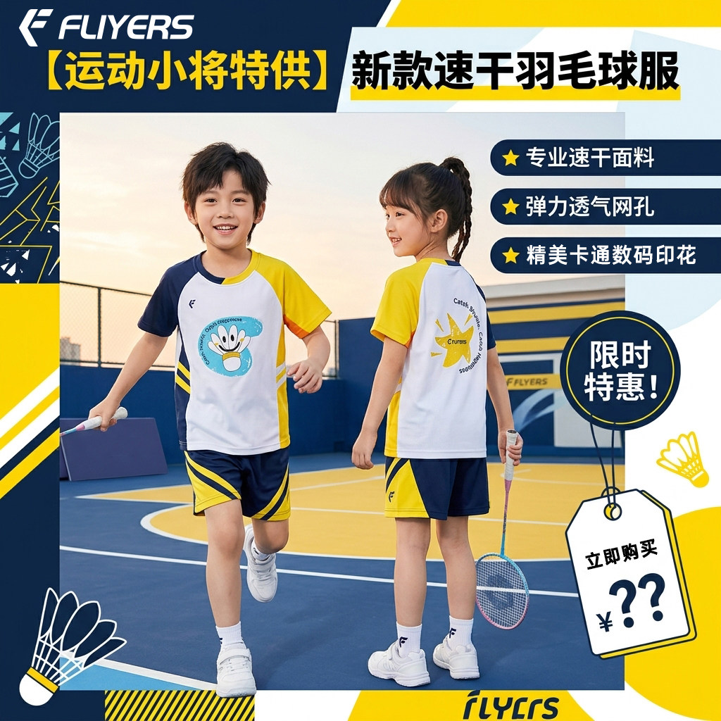 2026年新款飞烨儿童羽毛球服短袖T恤可爱百搭CT003组队比赛学生款