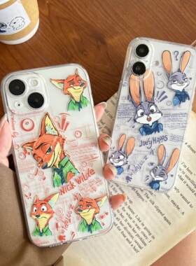卡通尼克与朱迪疯狂动物城适用iPhone16promax苹果15plus手机壳新款14plus透明12mini情侣13小众11男女款8/76