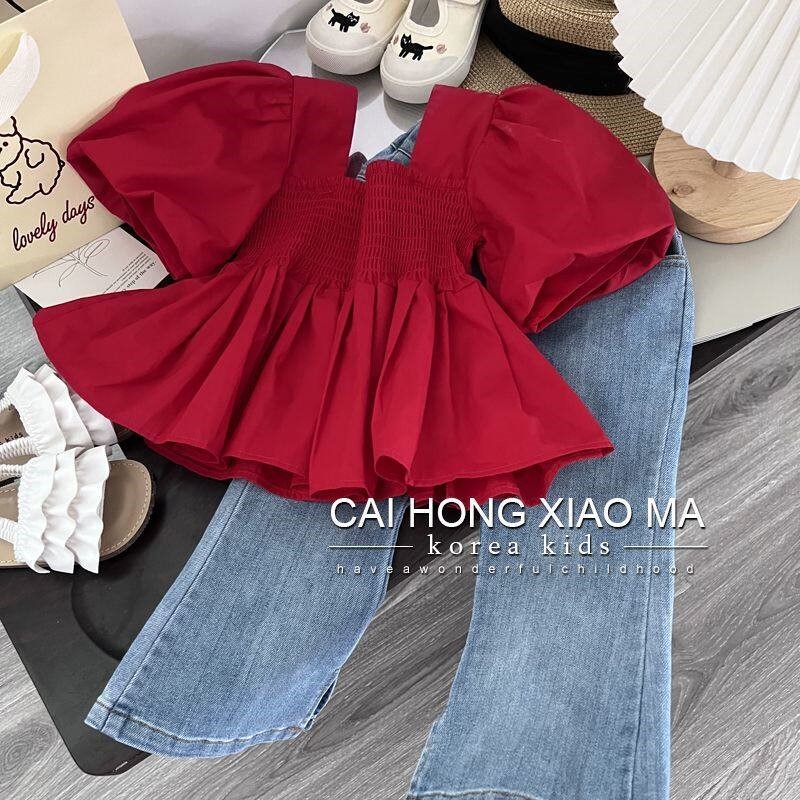 儿童港风复古服装女童套装短泡泡袖8090年代高级感穿搭演出服走秀