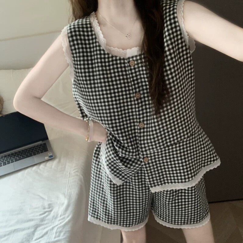 带胸垫冰丝吊带短裤睡衣女款夏季纯色高级感松弛感外穿家居服套装