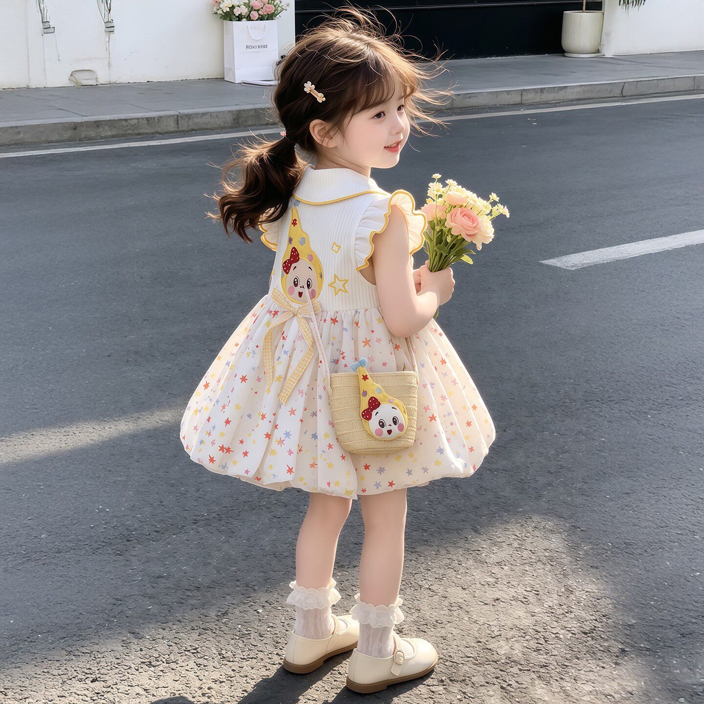 女童夏日甜美星星印花连衣裙夏装女孩无袖娃娃领公主裙洋气花苞裙
