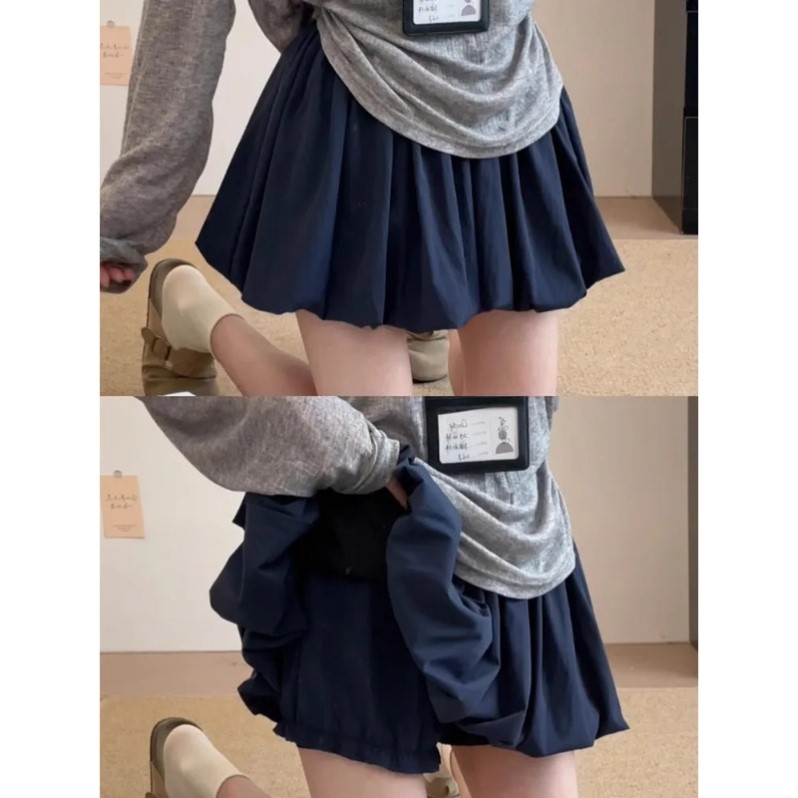 大码胖mm韩系藏蓝色花苞短裙女夏高腰显瘦a字防走光百褶裙半身裙