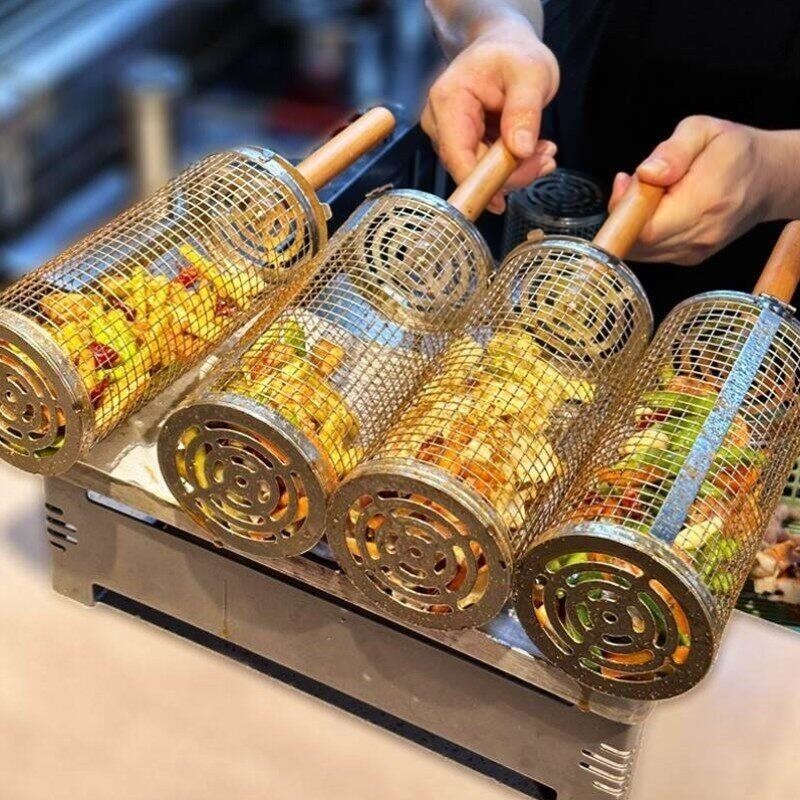 烧烤笼BBQ不锈钢滚动烧烤筒烧烤网烟熏烤肉圆形烤架烤篮