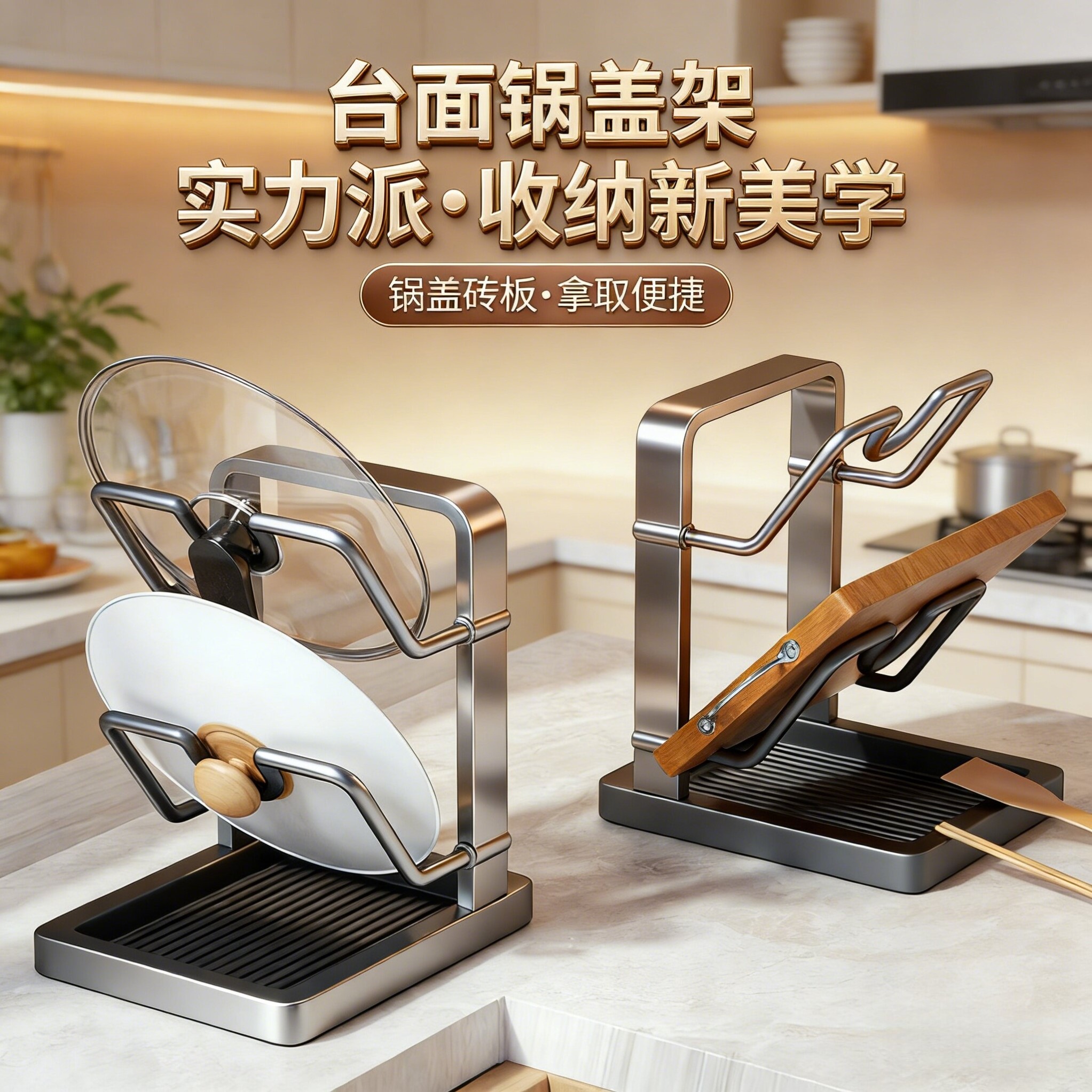 厨房锅盖置物架2026新款锅铲菜板放置架家用多功能台面砧板锅盖架
