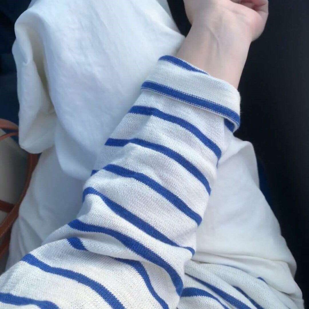 薄款蓝色条纹防晒针织衫上衣女夏季短款空调衫小个子罩衫长袖t恤