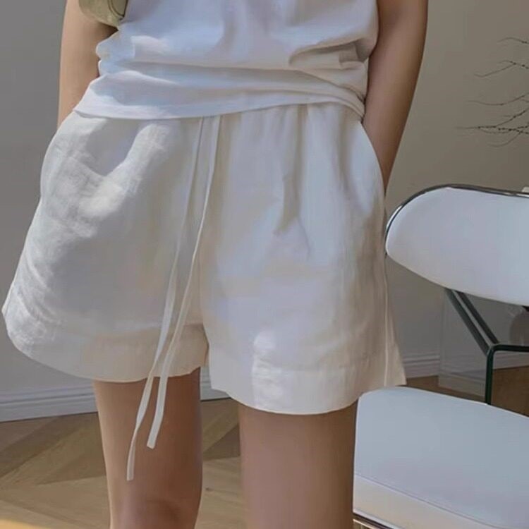 白色苎麻棉麻阔腿裤子女夏季薄款休闲短裤五分裤亚麻a字中裤外穿