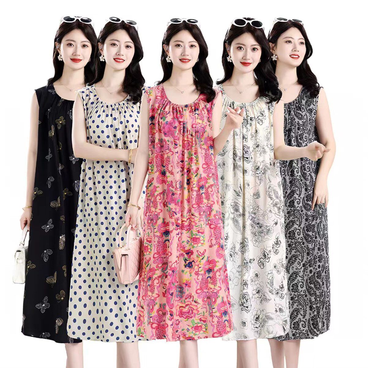 双口袋无袖女夏季睡裙棉绸女睡衣妈妈装时尚薄款摩斯风大码连衣裙