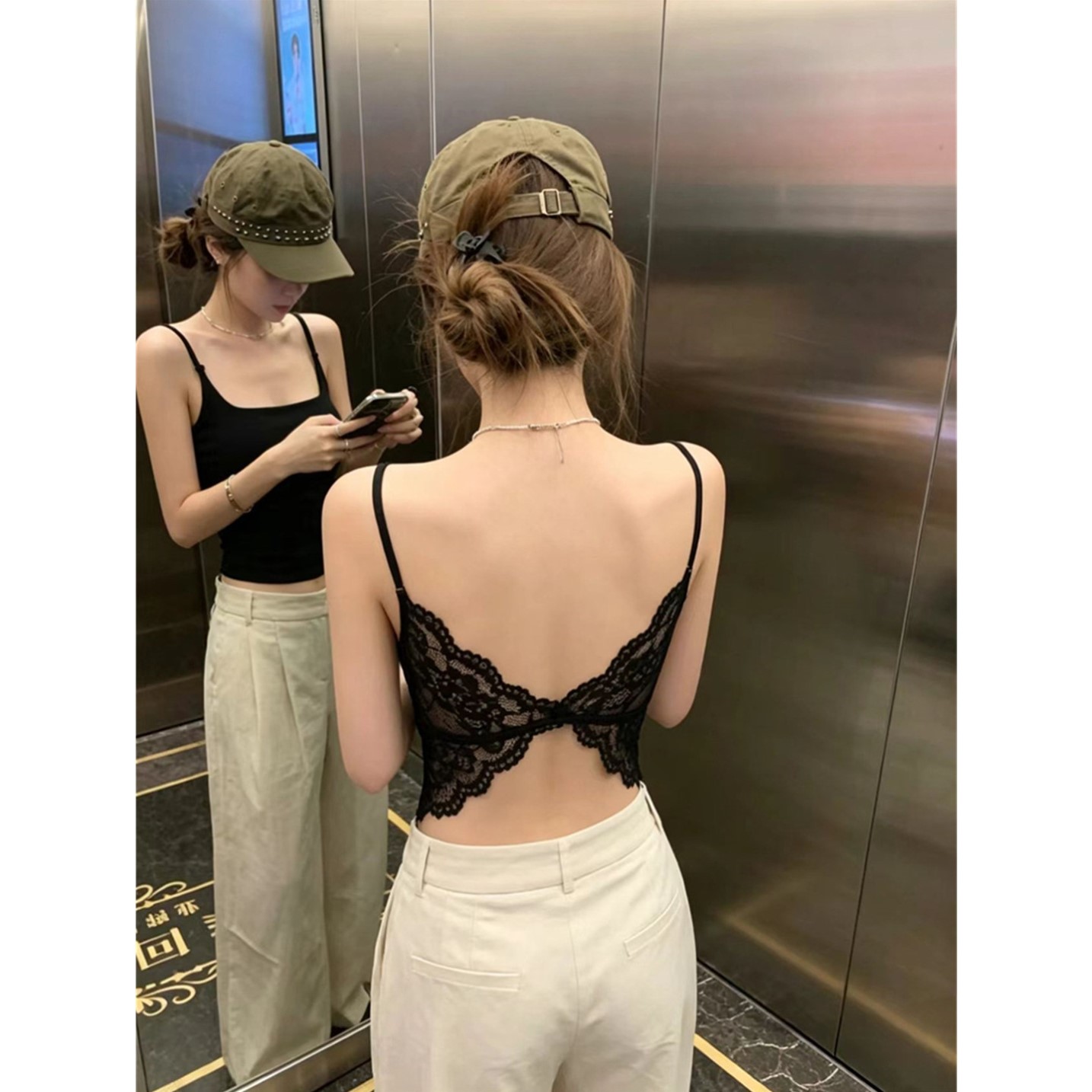 纯欲性感蕾丝镂空美背吊带背心女夏季内搭修身打底带胸垫辣妹上衣