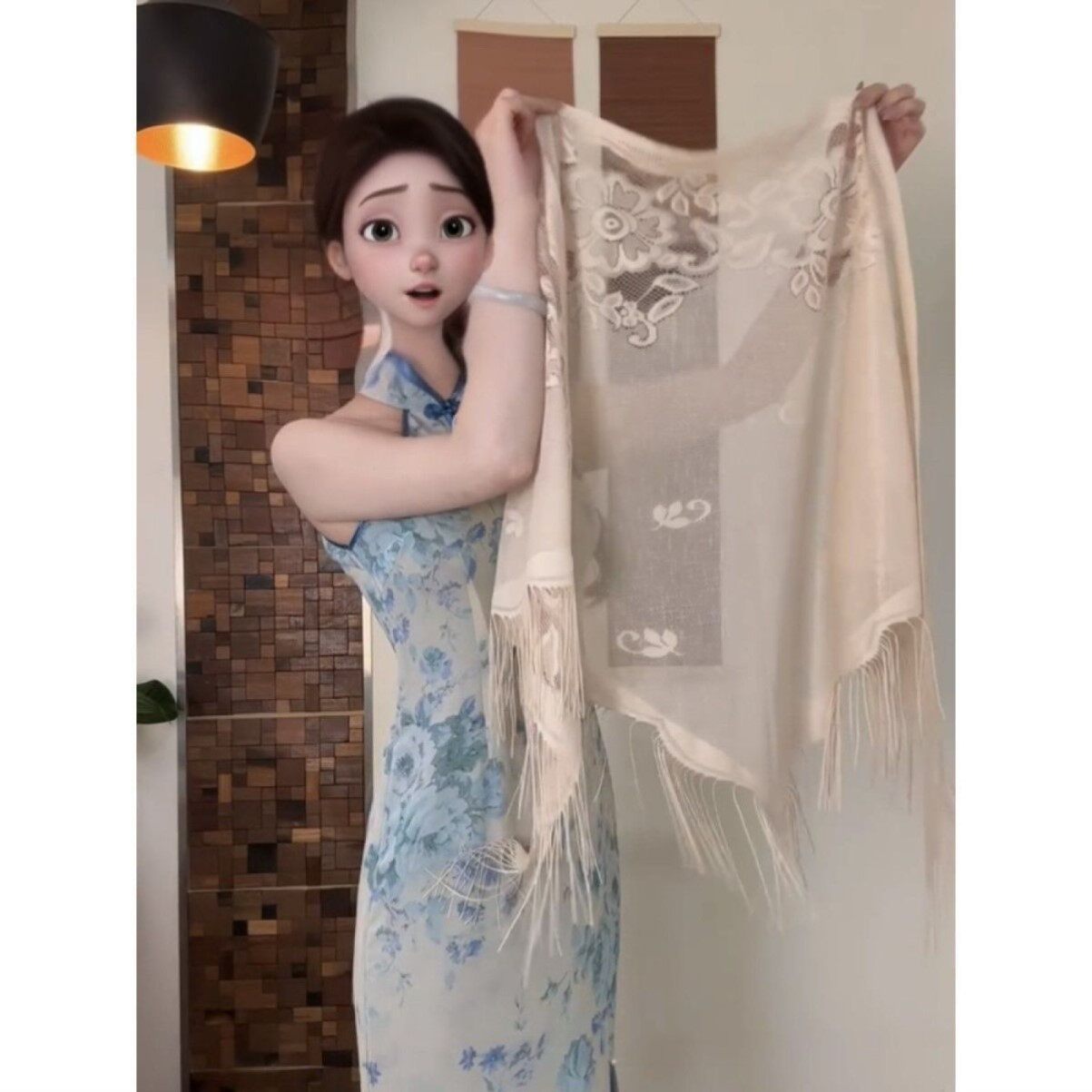 旗袍新款披肩开衫三角中式女外围巾透气流苏薄款蕾丝镂空洋气防晒