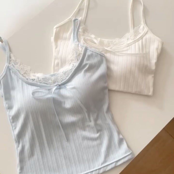 少女感蕾丝吊带背心女带胸垫夏季新款修身内搭打底上衣设计感系带