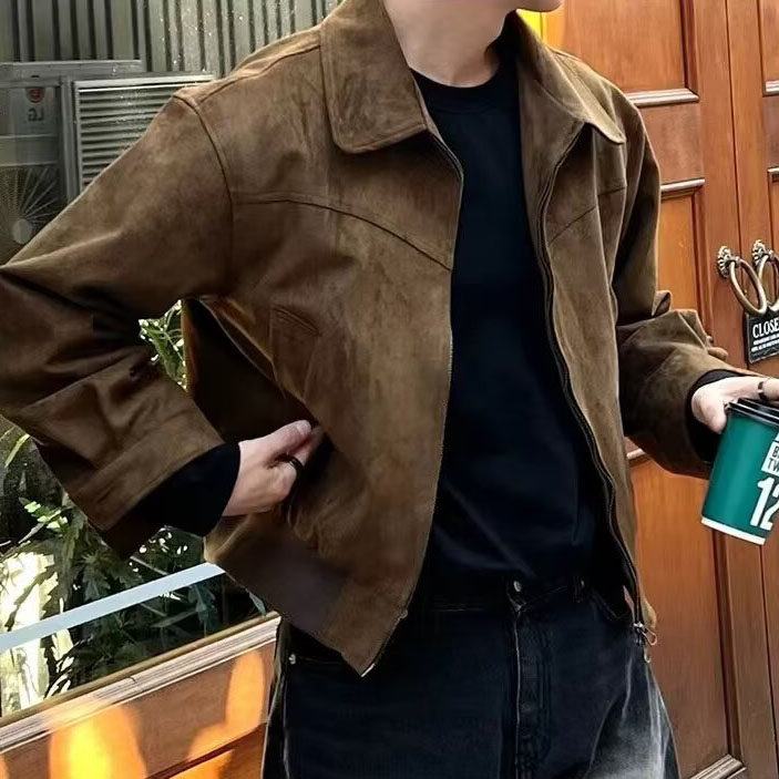 美式鹿皮绒短款行政夹克男高级感复古防风棕色外套工装飞行员上衣