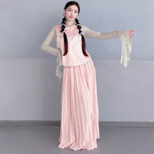 新国风舞古典舞桃红柳绿国风新中式刺绣马甲百褶大摆裙艺考舞蹈服