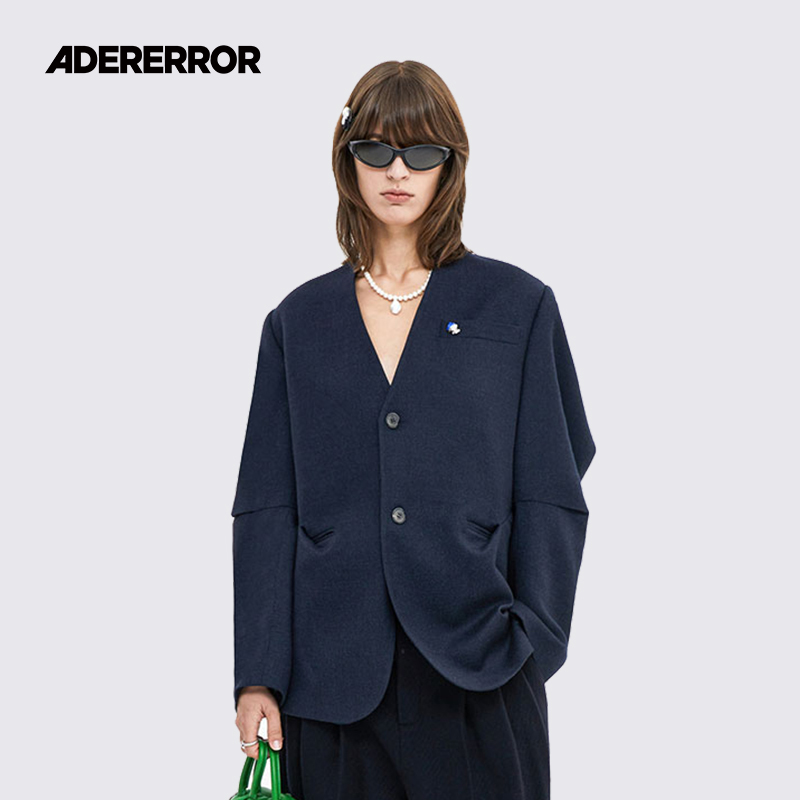 ader无领羊毛单排扣宽松西装外套