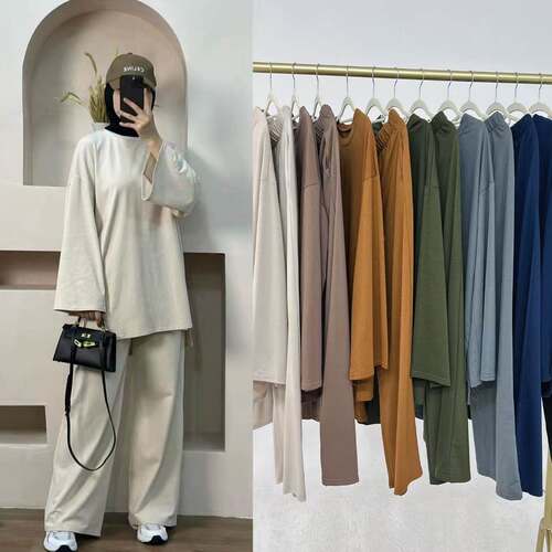 新款中东土耳其纯色宽松上衣长裤两件套 Loose top and pants set