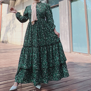 long 中东大码 women dress prit 印花连衣裙齐脚踝印花长裙Dubai