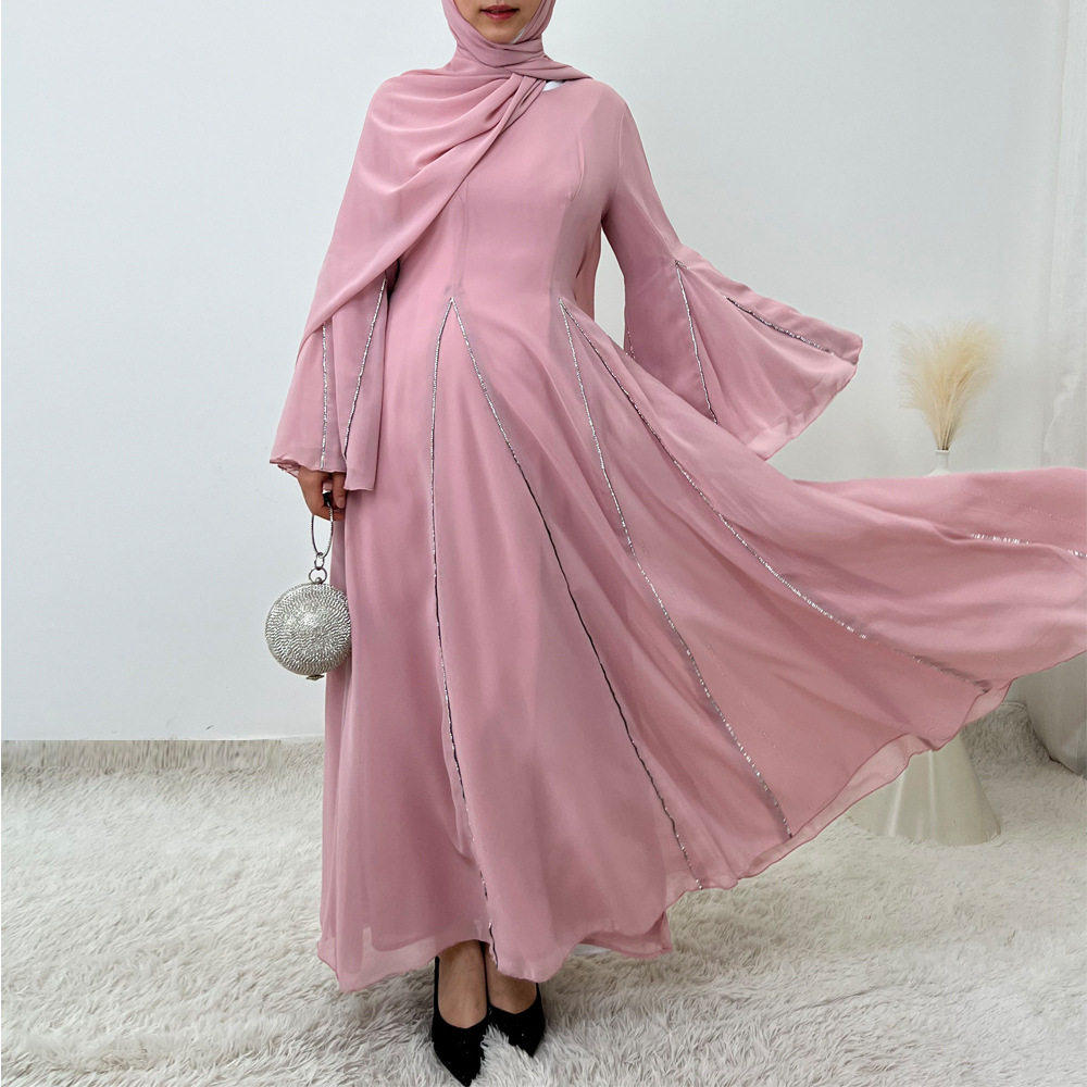 马来民族圆领钻条雪纺超仙显瘦长裙连衣裙服装女Arab Women Robe