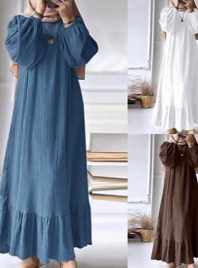 中东长袍泡泡袖复古口袋荷叶边连衣裙Arabic clothing robe skirt