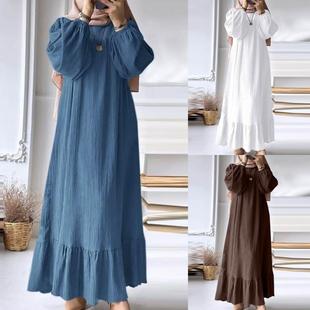 中东长袍泡泡袖复古口袋荷叶边连衣裙Arabic clothing robe skirt