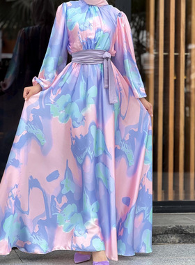 新款中东民族风系带修身印花连衣裙Standing collar printed dres