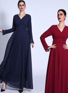 新款V领长袖连衣裙交叉系带雪纺纯色穆斯阿拉伯女dress robee eid