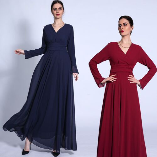 新款V领长袖连衣裙交叉系带雪纺纯色穆斯阿拉伯女dress robee