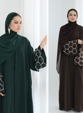 阿拉伯迪拜旅游中东纯色手工钉珠全扣开衫长袍女 Arab Women Robe