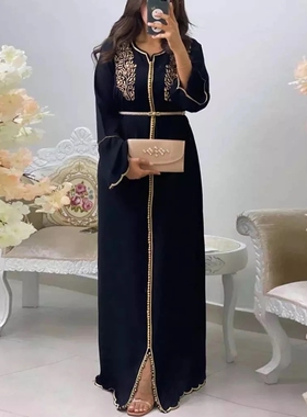 缝钻长裙迪拜连衣裙Kaftan Dubai Embroidery Islam Muslim Dress