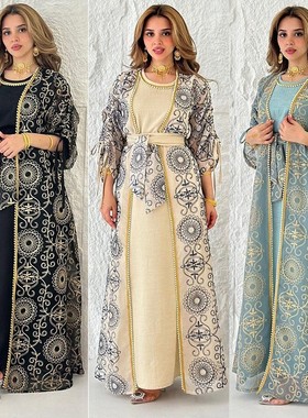 Printed robe dress 中东迪拜印花长款外披长袍背心裙系带套装女