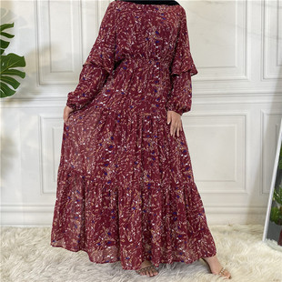Hijaeb Muslim Dress Turkey 穆斯雪纺印花女长裙大摆连衣裙Dubai