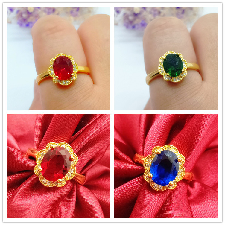 镶合成宝石戒指女士红碧玺鸽子蛋