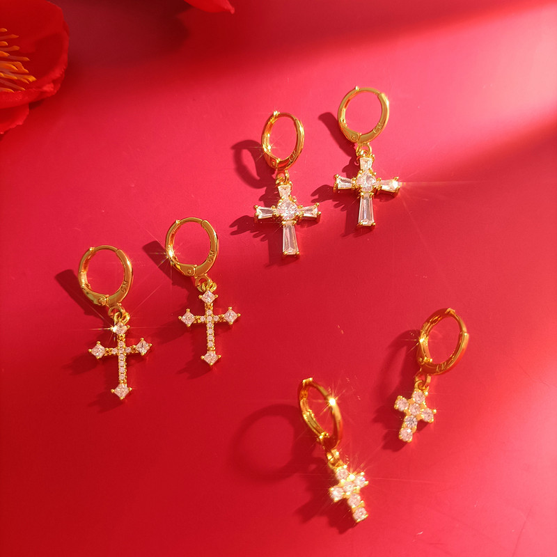 民族风韩版网红直播热卖女士十字架水晶锆石耳钉耳环首饰