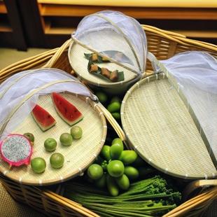 竹筐盘子竹篮手工编织绿色有盖防蝇 高档家用竹编馒头筐圆簸箕装