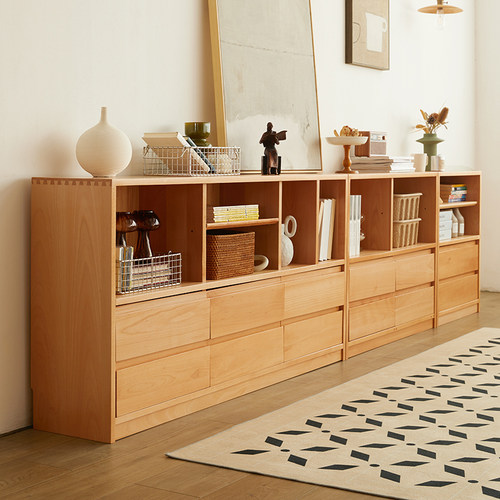 盼居实木书柜矮柜组合榉木书柜客厅书柜电视柜一体收纳柜落地书架