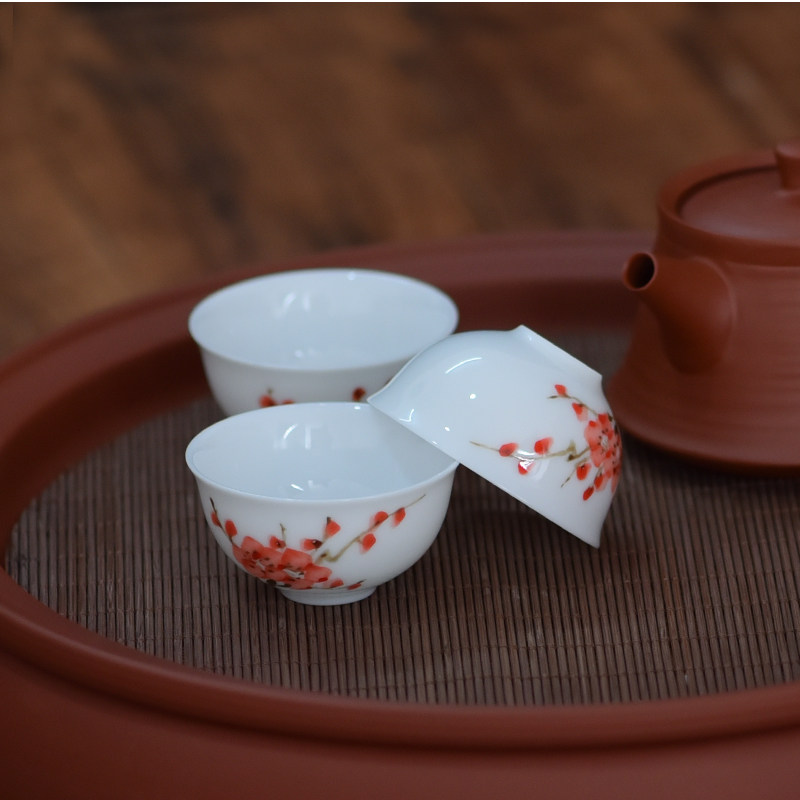 潮州纯手绘釉下彩小茶杯反口杯功夫茶杯品茗杯陶瓷羊脂薄胎玉茶具
