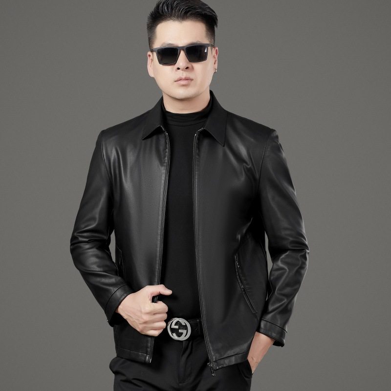 高档男士中年皮衣绵羊皮休闲商务外套爸爸翻领春秋冬装舒适皮夹克